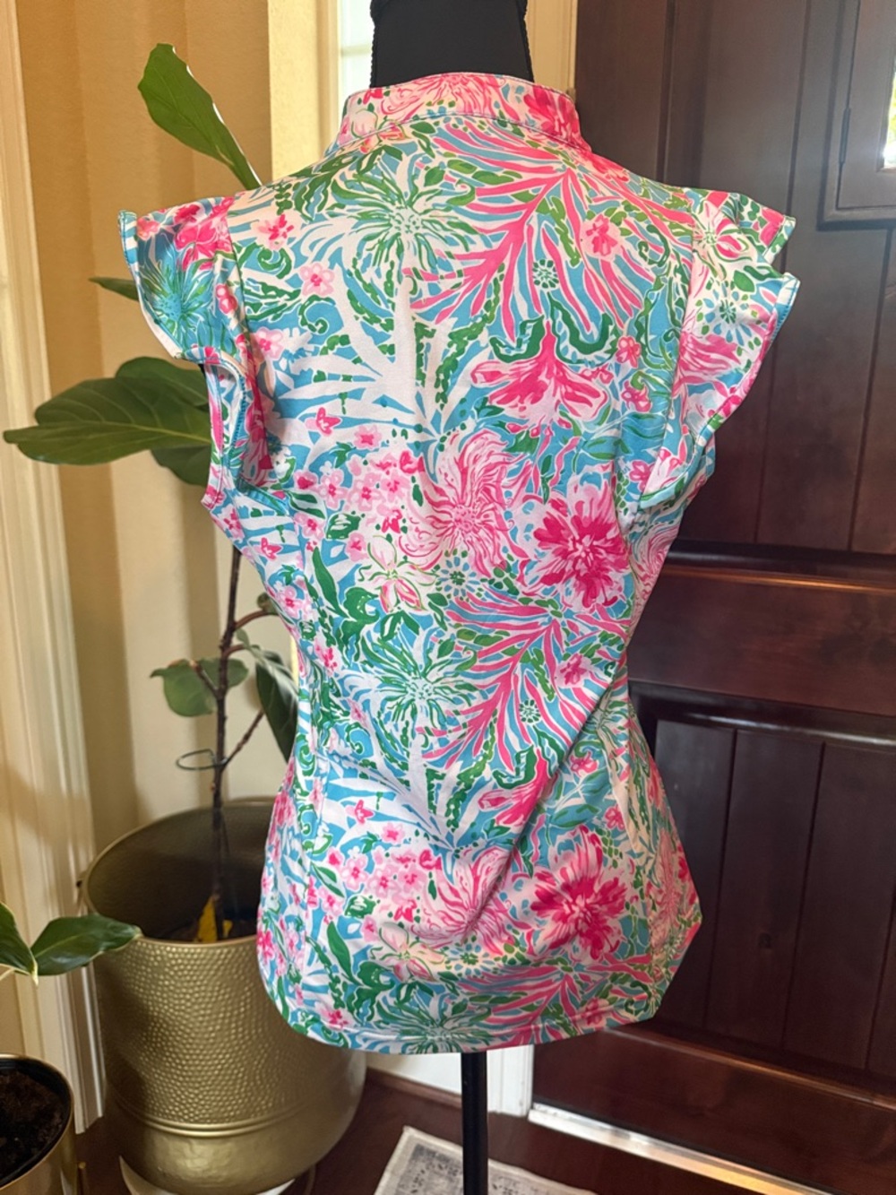 Soneven Womens Ruffle Sleeve Golf Polo Shirts Moisture Wicking Print Blouse Sz S - Picture 5 of 10